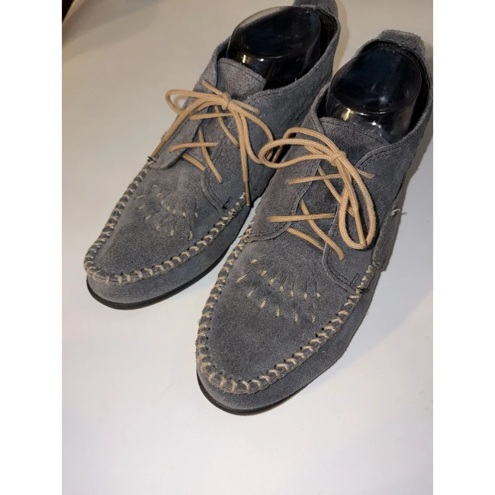 Minnetonka Womens 7.5 Ankle Boot Moccasin Lace Up Blueish Gray Leather Suede
